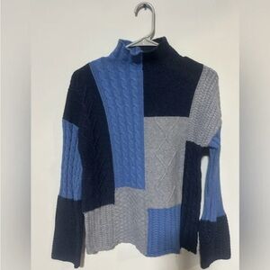 Patchwork Cable-Knit Turtleneck Sweater - Blue & Gray